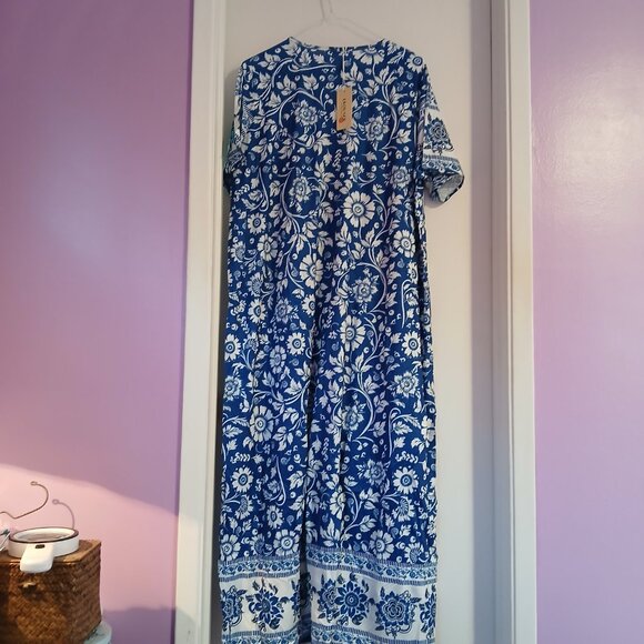 Women's Full Length House Dress Short Sleeve  Zipper Front Blue SZ L NWT - Picture 7 of 10